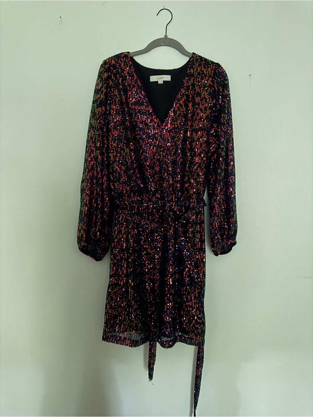 LOFT Black Multi Sequin V-Neck Tie-Waist Mini Dress